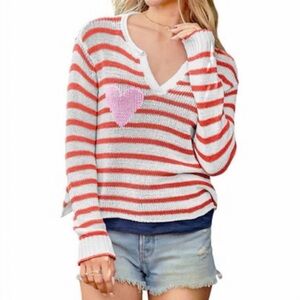 WOODEN SHIPS striped sweater red white with heart‎ detail size XS cotton acrylic